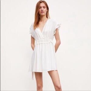 Zara White Ruffle Sleeve V-neck Tie Waist A-Line Mini Dress M